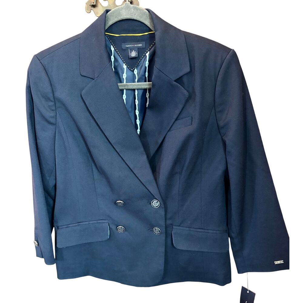 TOMMY HILFIGER Blazer Navy Blue Crest Preppy Academia Wool Schoolgirl Jacket 8